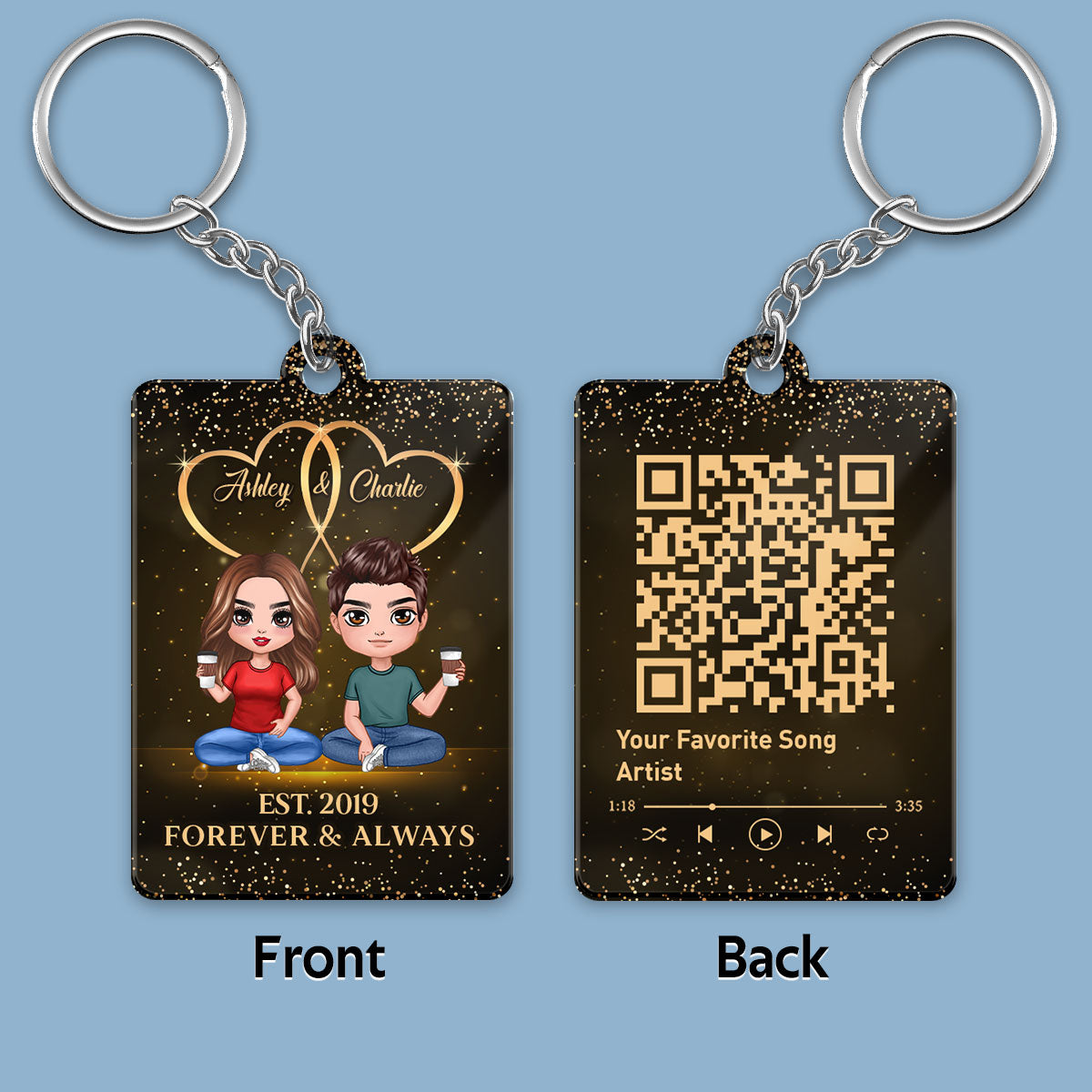 Galaxy Doll Couple Sitting Favorite Song Scannable QR Code Personalized Acrylic Keychain