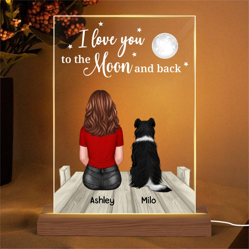 Love To The Moon And Back Woman & Pets On Bridge Personalized Rectangle Acrylic Plaque With LED Night Light - Gift For Dog Lover, Cat Lover, Pet Lover