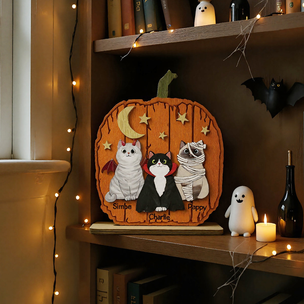 Halloween Cat Pumpkin Shaped - Personalized 2-Layered Wooden Plaque - Gift For Cat Lovers