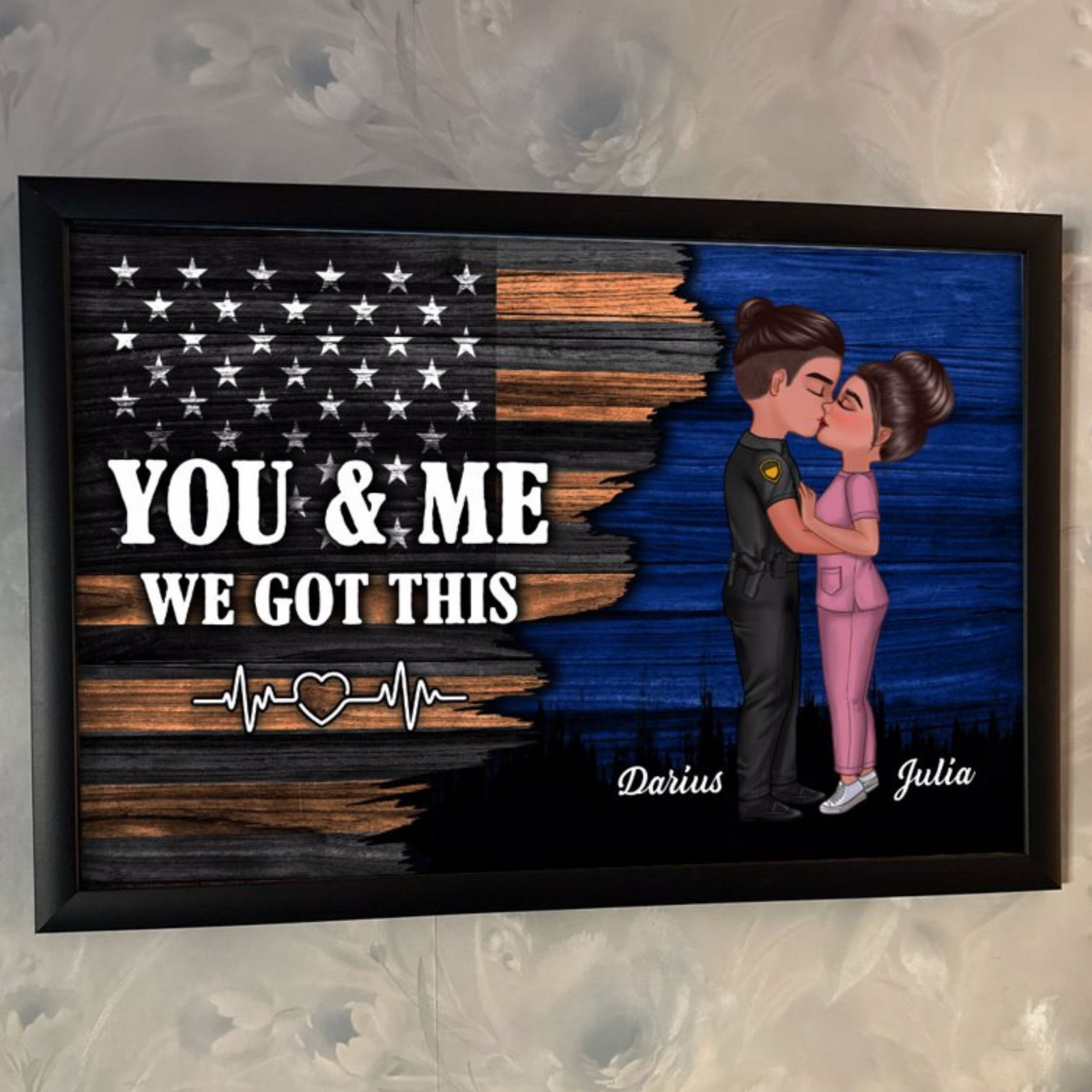 Hero Couple Kissing Half Flag Gifts by Occupation Firefighter, Nurse, Police Officer - Personalized Poster