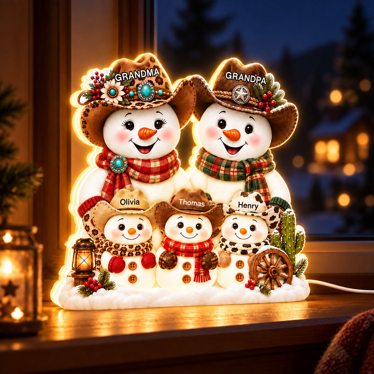 Trending Western Grandpa Grandma Snowman - Personalized Light Box - Gift For Him, Her, Christmas Decoration