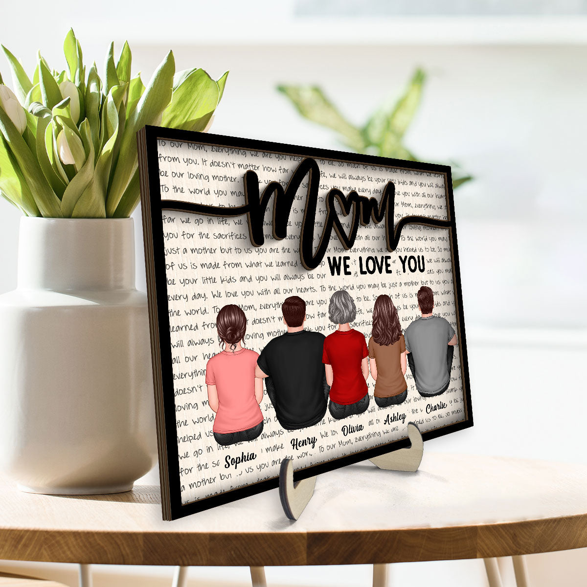 Back View Mom And Daughters Sons Sitting Letters Background Mother‘s Day Gift For Mom Personalized 2-Layer Wooden Plaque