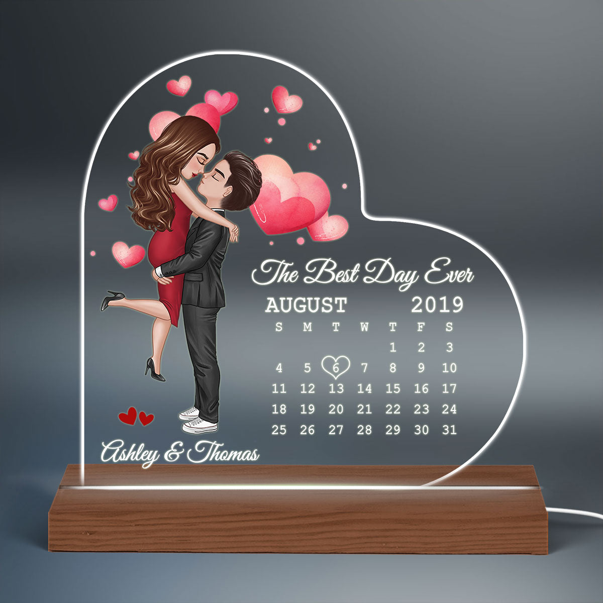 Doll Couple Hugging Kissing Calendar Anniversary Date Personalized Heart Shaped Acrylic Plaque With LED Night Light - Anniversary Gift For Couple - Gift For Him, Gift For Her