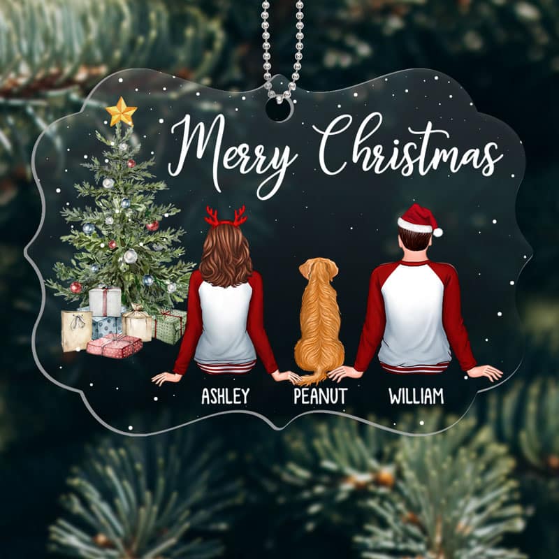 Christmas Pajamas Couple & Dogs Sitting By Christmas Tree Personalized Acrylic Ornament