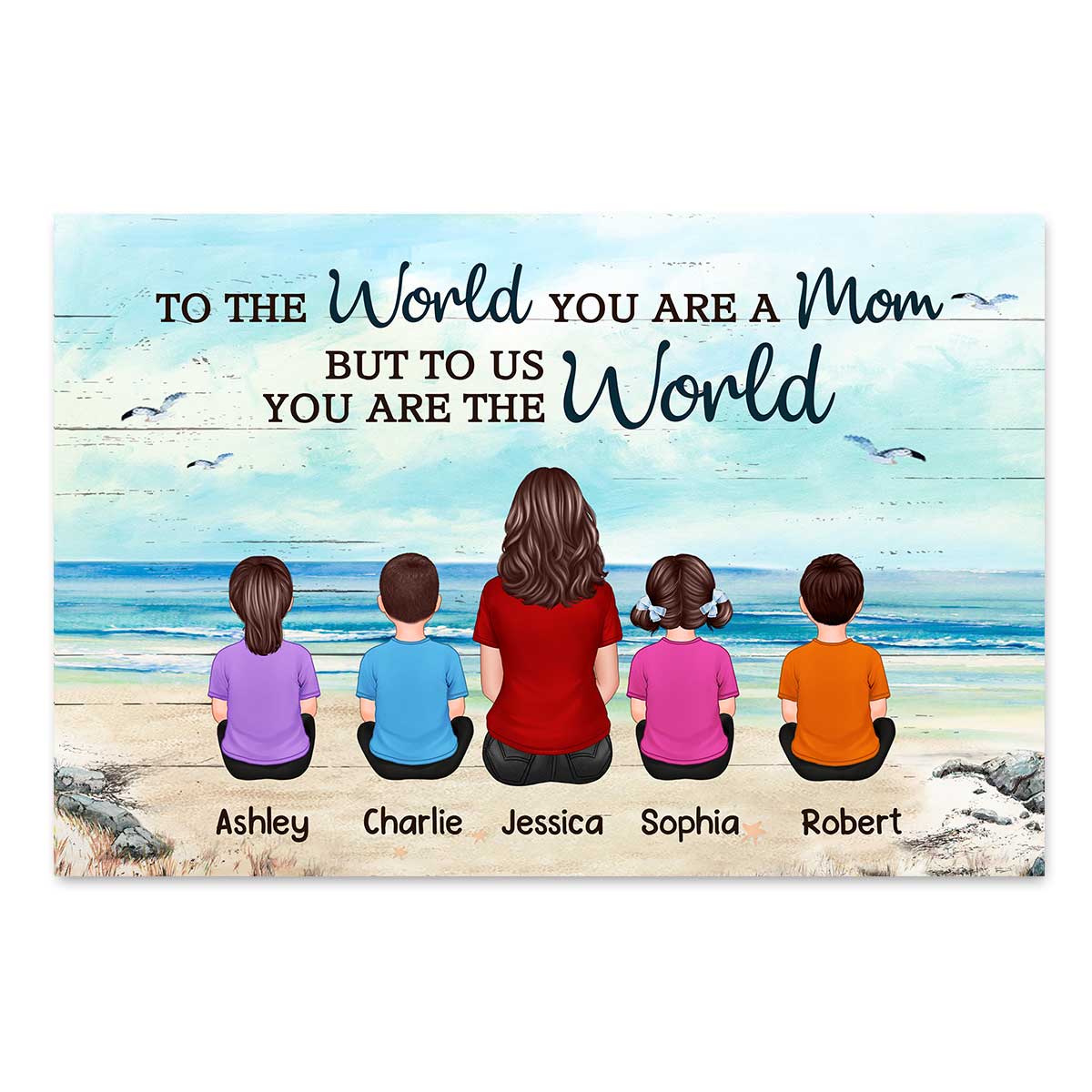 Beach Landscape Back View Mom And Daughters Sons Sitting Mother‘s Day Gift For Mom Personalized Horizontal Poster