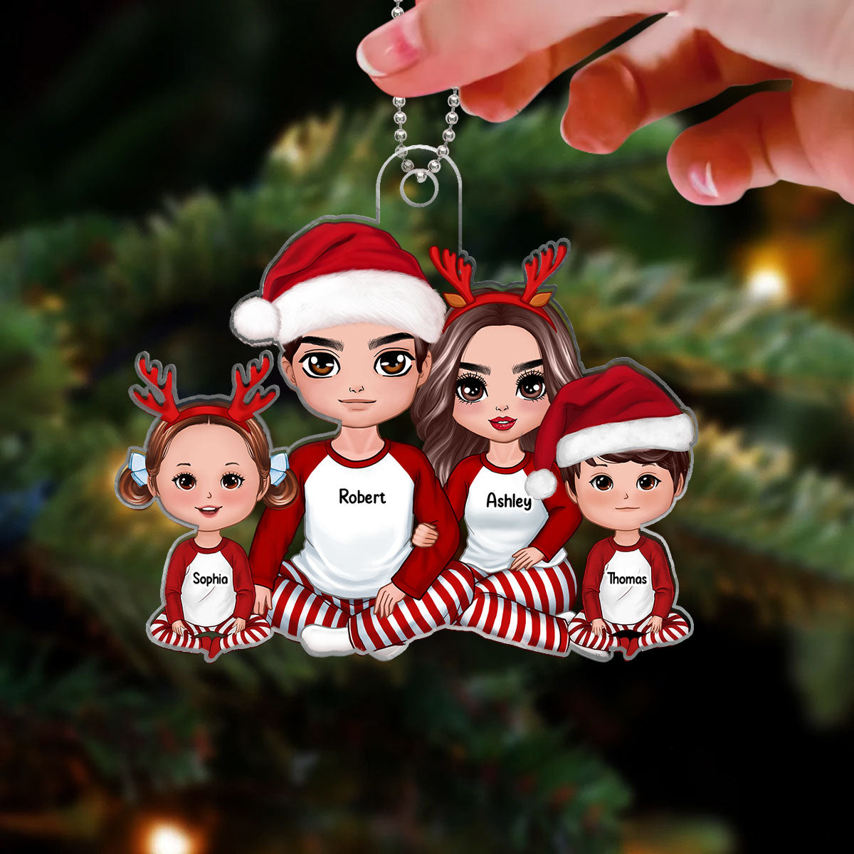 Pajamas Doll Family Couple Dad Mom Kids Sitting Christmas Personalized Acrylic Ornament