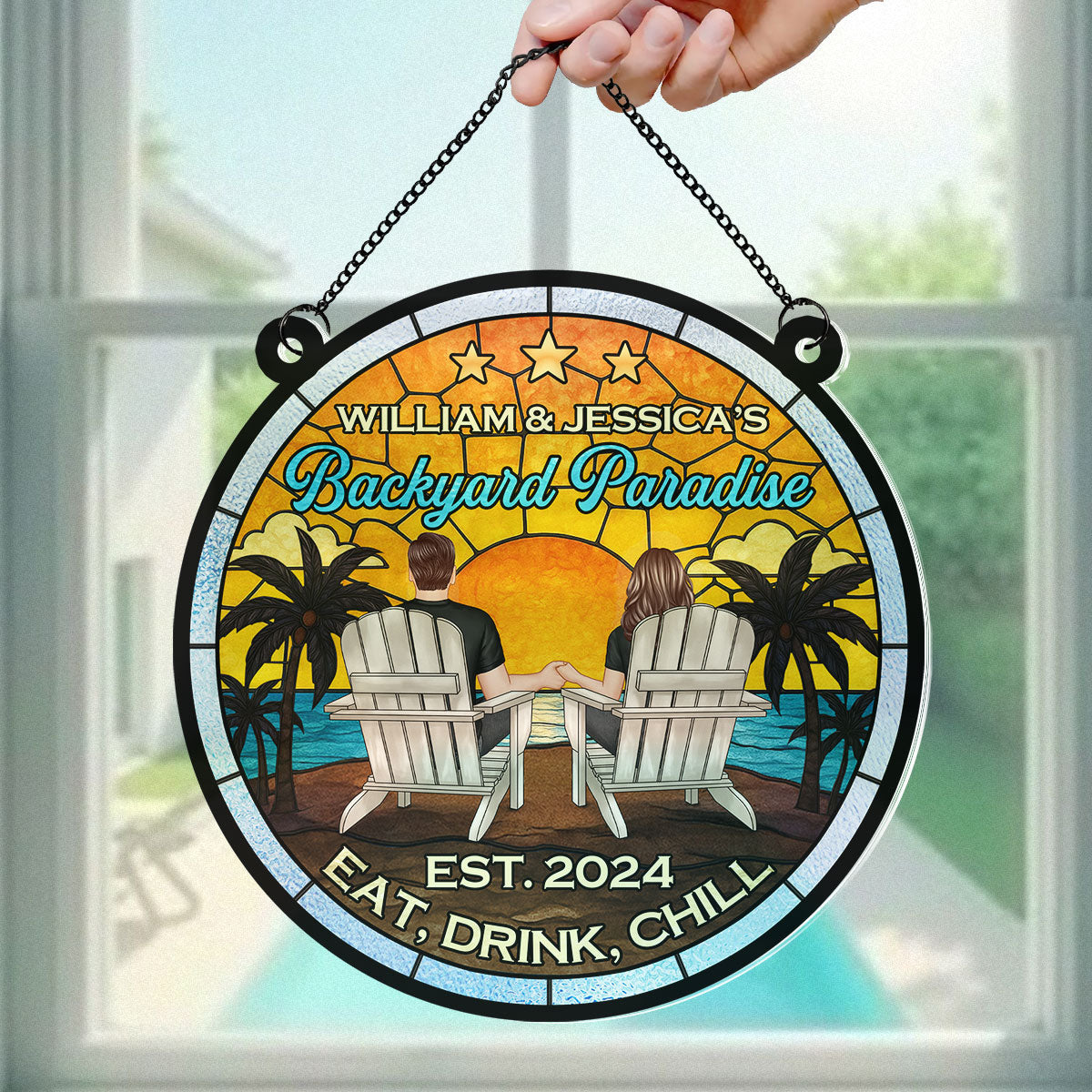 Couple Poolside Backyard Paradise Personalized Acrylic Suncatcher