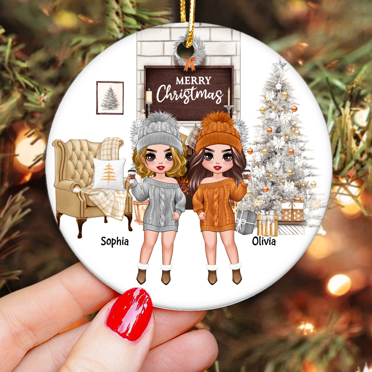 Orange And White Christmas Doll Besties Sisters Standing Personalized Circle Ornament
