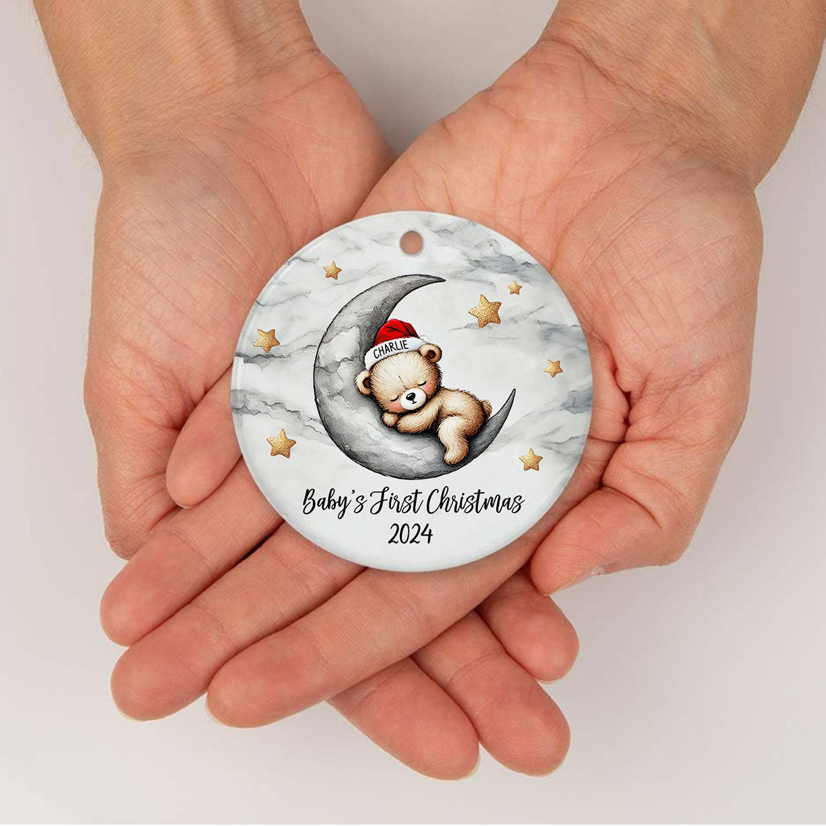 Baby Bear On The Moon, Baby's First Christmas Personalized Ceramic Ornament, Christmas Keepsake for Baby Boy, Baby Girl