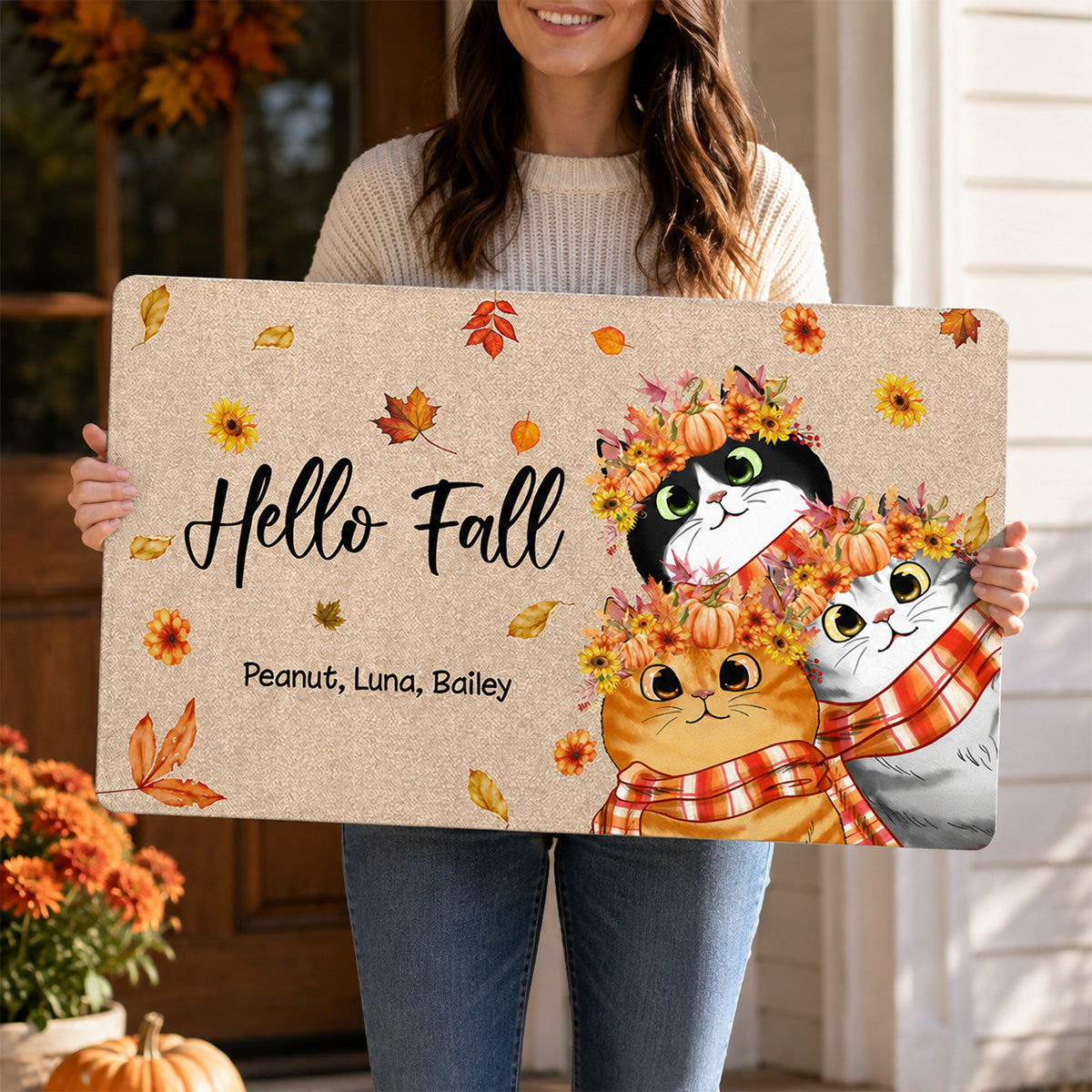 Hello Fall Cute Fluffy Cat - Personalized Doormat - Fall Season Decor For Cat Lover