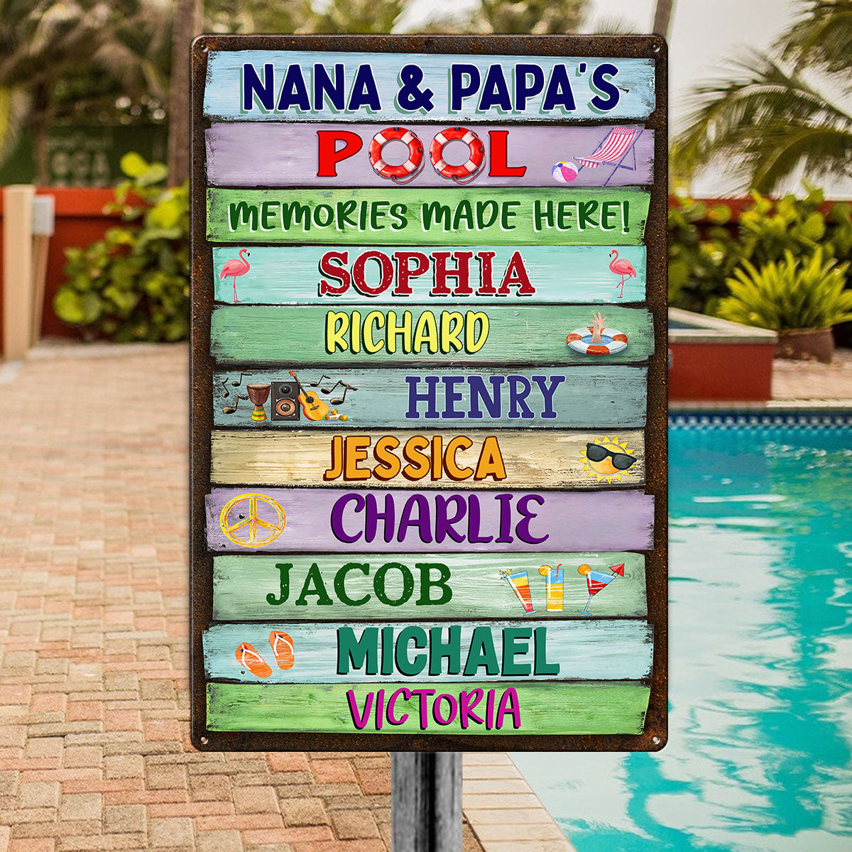 Grandma Grandpa Pool Colorful Wood Palletes Personalized Metal Sign