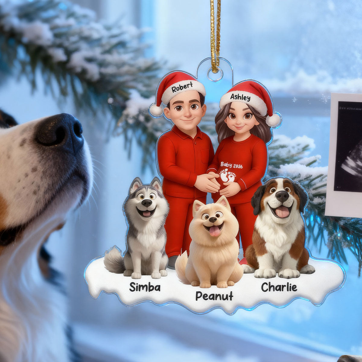 Expecting Parents Christmas Pregnancy Baby Arriving With Dogs - Personalized Acrylic Ornament