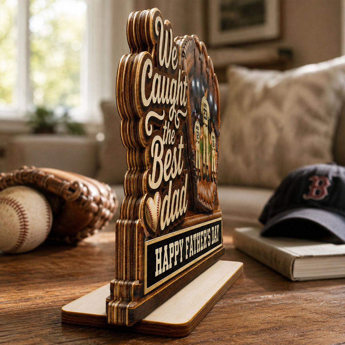 We Caught The Best Grandpa Man & Kids In Glove - Personalized 2-Layered Wooden Plaque - Happy Father's Day For Baseball Grandpa