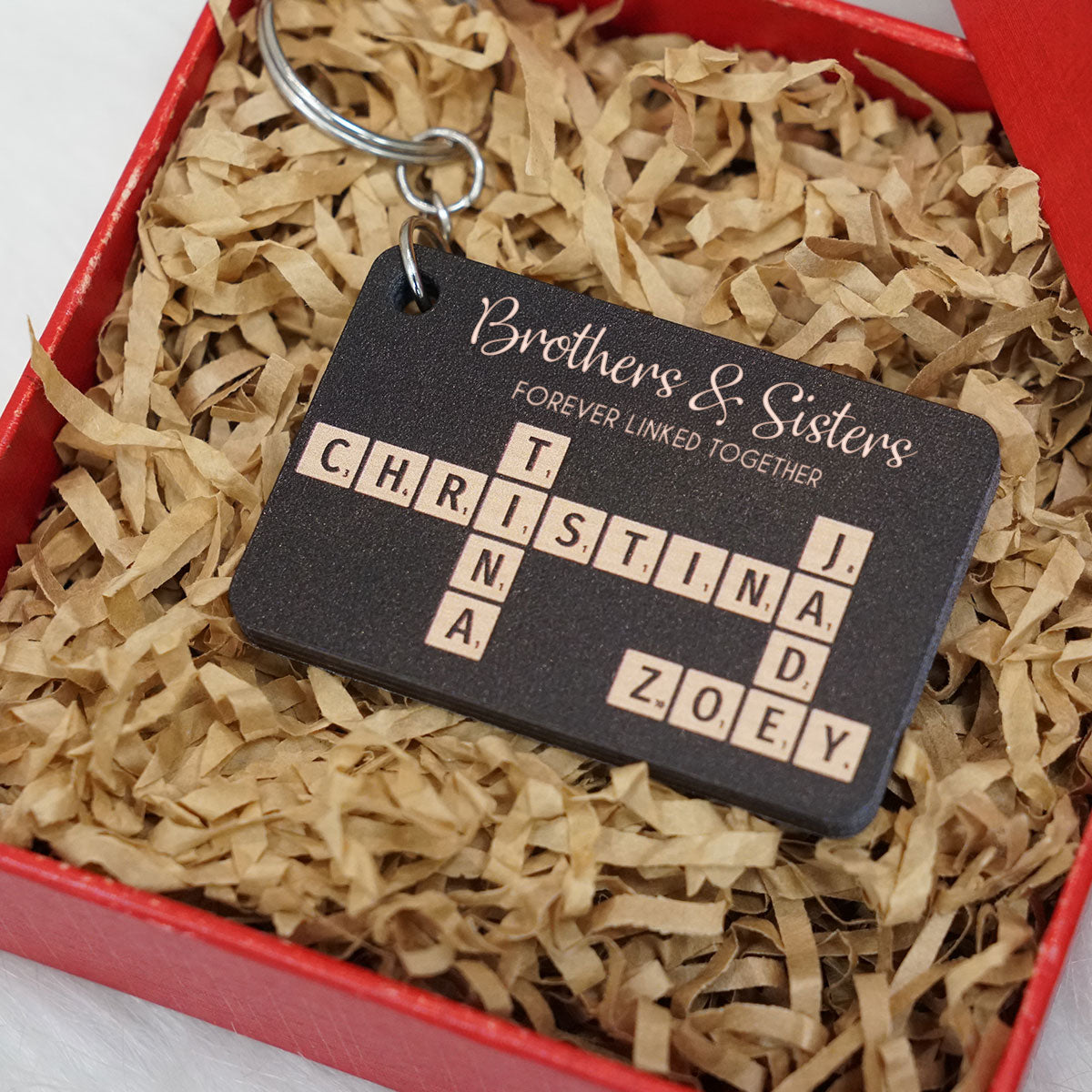 Brothers & Sisters Forever Linked Together Crossword Puzzle Art Personalized Wooden Keychain, Christmas Gift For Brothers, Sisters, Siblings, Family