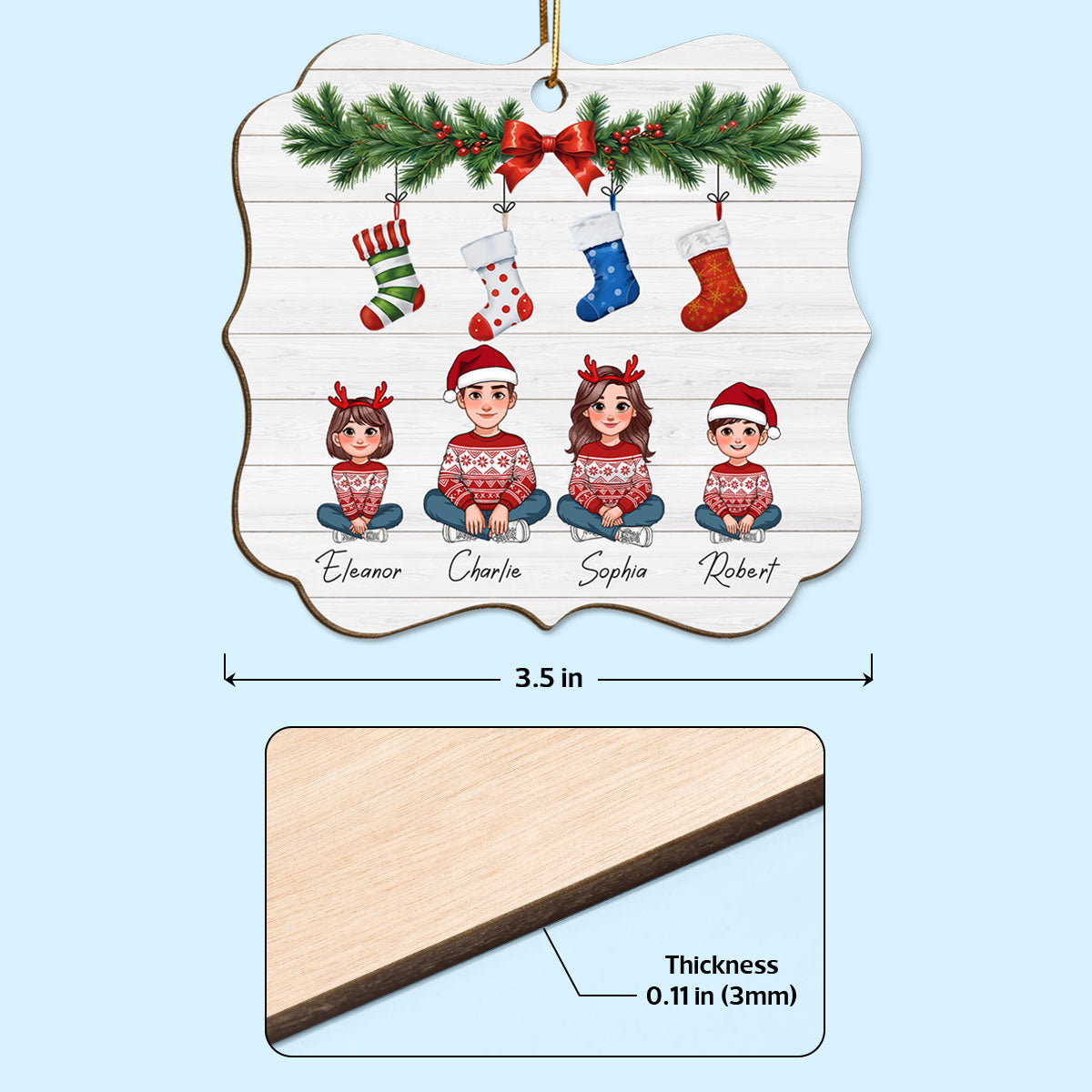 Animated Family Christmas Stockings Personalized Wooden Ornament