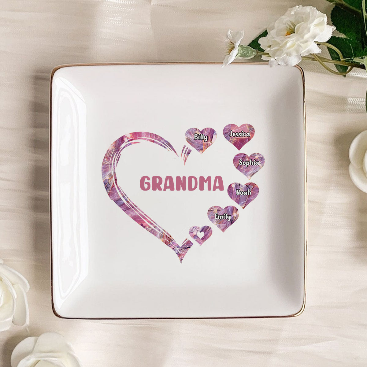Grandma Mom Hearts Marble Patterned Personalized Jewelry Dish, Birthday Gift for Grandma, Christmas Gift