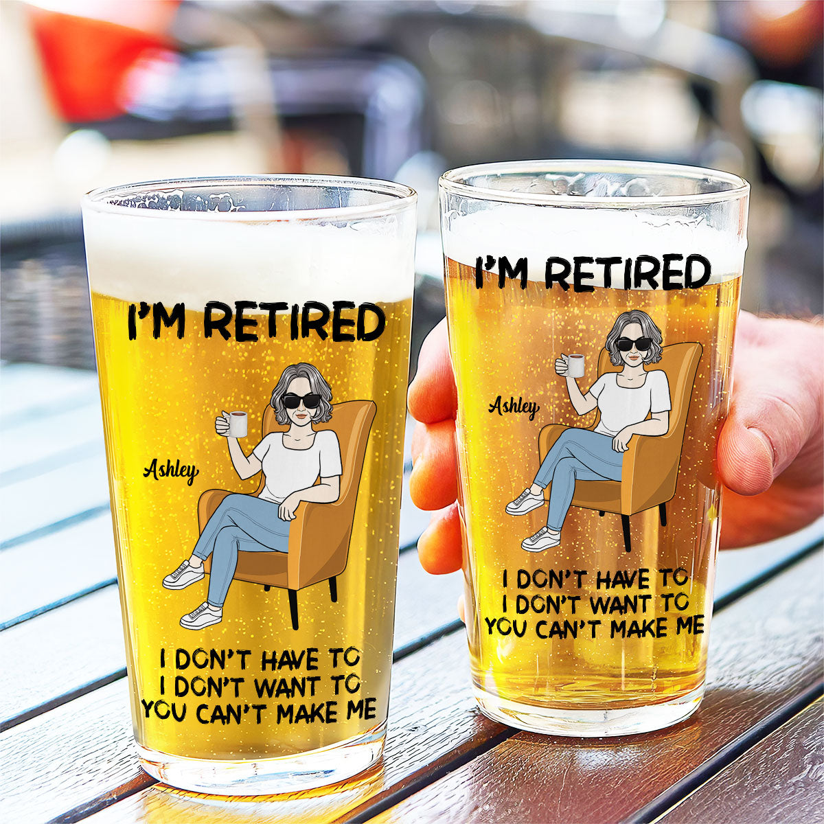 Woman Man Sitting I‘m Retired You Can’t Make Me Personalized Beer Glass, Retirement Gift