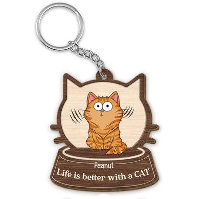 Cat Face Shaped Funny Cat Expressions Personalized Wooden Keychain