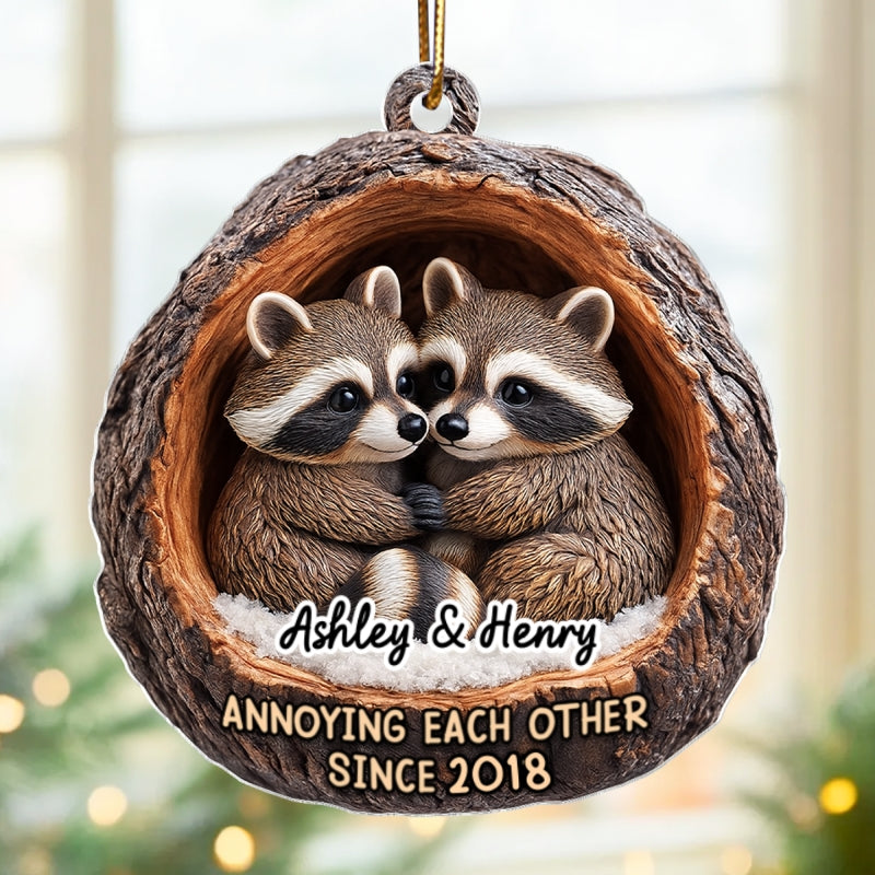 Funny Raccoon Couple Annoying Each Other 3D Wooden Effect - Personalized Acrylic Ornament - Christmas Gift for her, Gift for him
