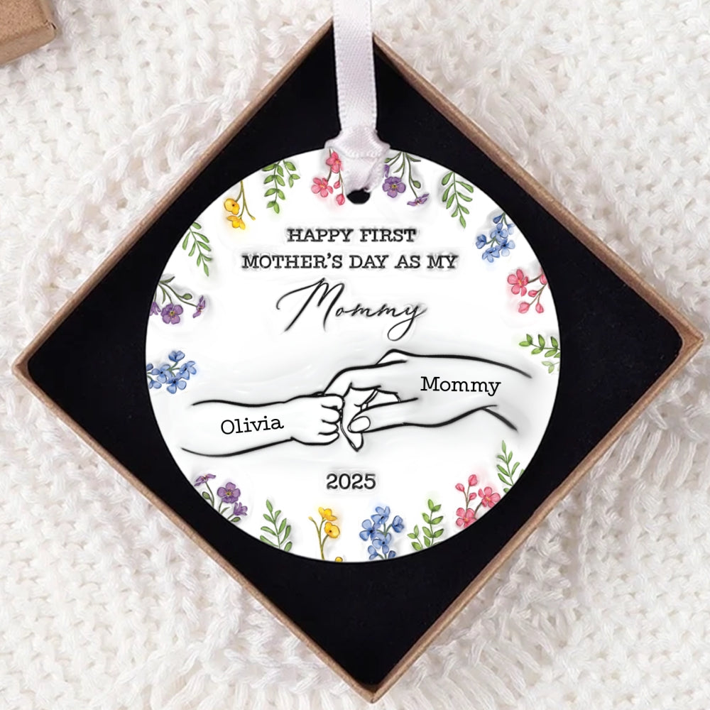 3D Inflated Effect Happy First Mother's Day Hand Outline Personalized Circle Ceramic Ornament