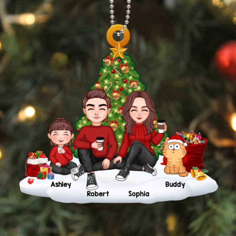Family Sitting On Snow Christmas Tree Personalized Acrylic Ornament
