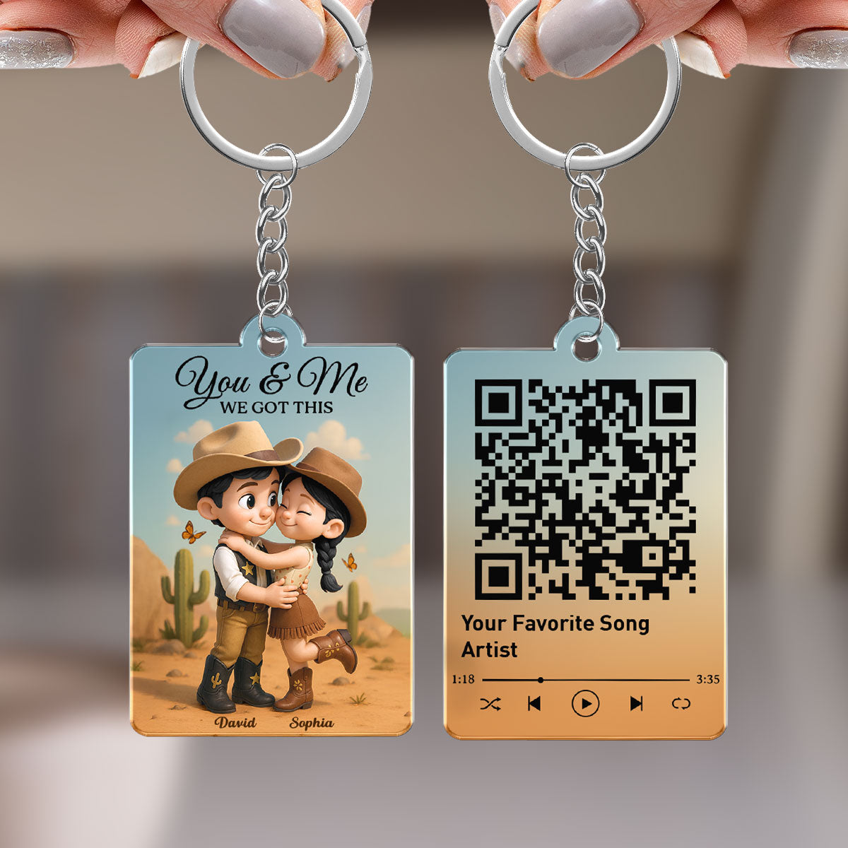 Cartoon Style Countryside Couple Cowboy Cowgirl Favorite Song QR Code Personalized Acrylic Keychain