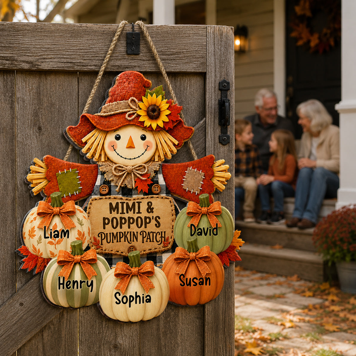Grandma & Grandpa's Pumpkin Patch Scarecrow - Personalized Wooden Door Sign - Fall Front Porch Decor