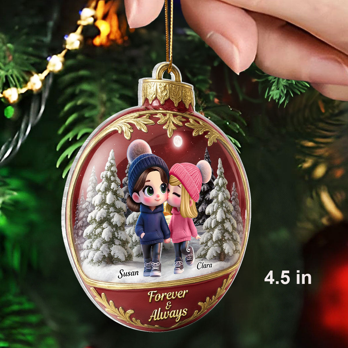 3D Effect Snow Globe Cartoon Couple Walking - Personalized Acrylic Ornament - Christmas Gift for him, Gift for her