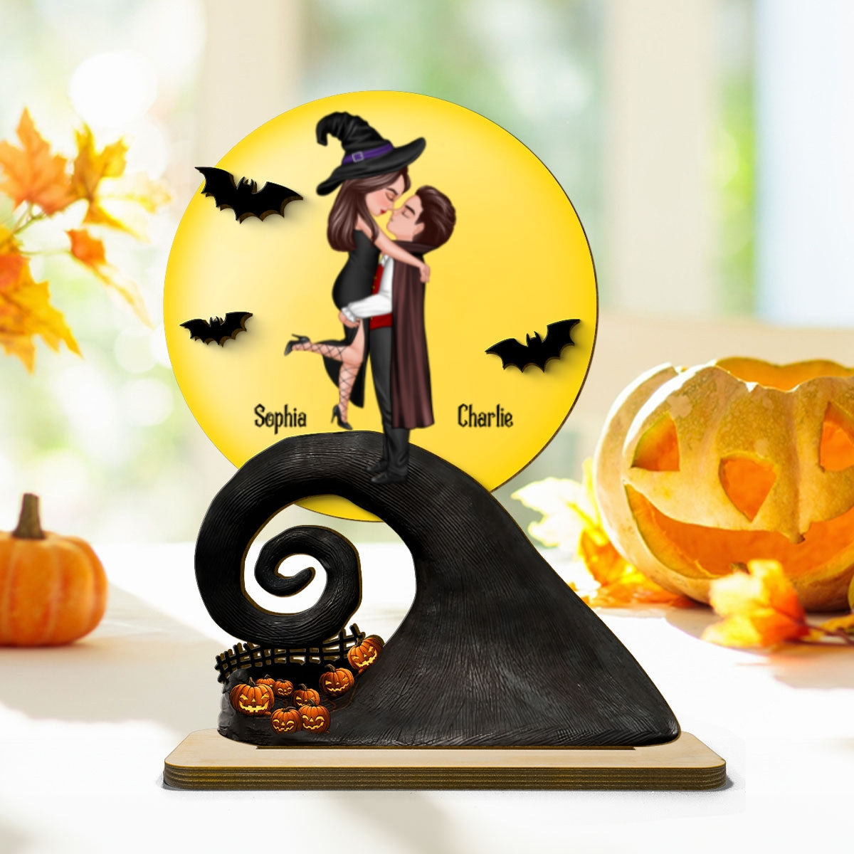 Halloween Couple Hugging Kissing On Cliff Personalized 2-Layer Standing Wooden Plaque, Gift for Her, Gift for Couple