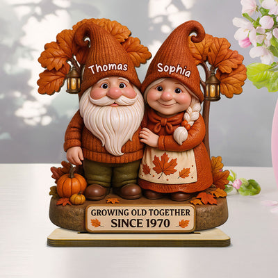 3D Effect Fall Season Gnome Couple Growing Old Together Personalized Standing Wooden Plaque
