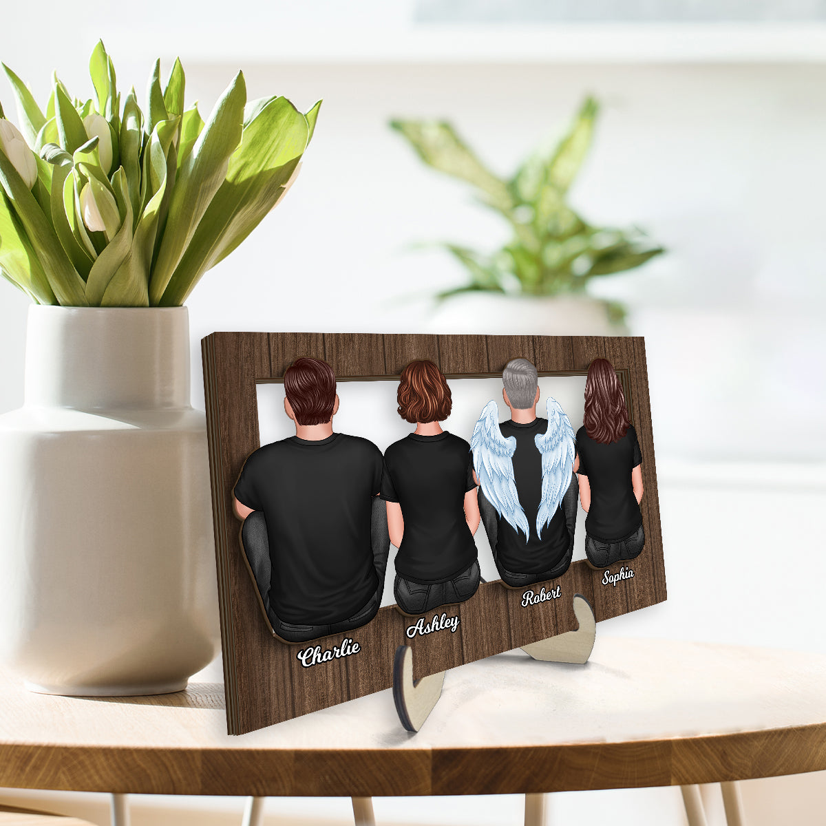Family Sitting Back View Frame Personalized 2-Layer Wooden Plaque