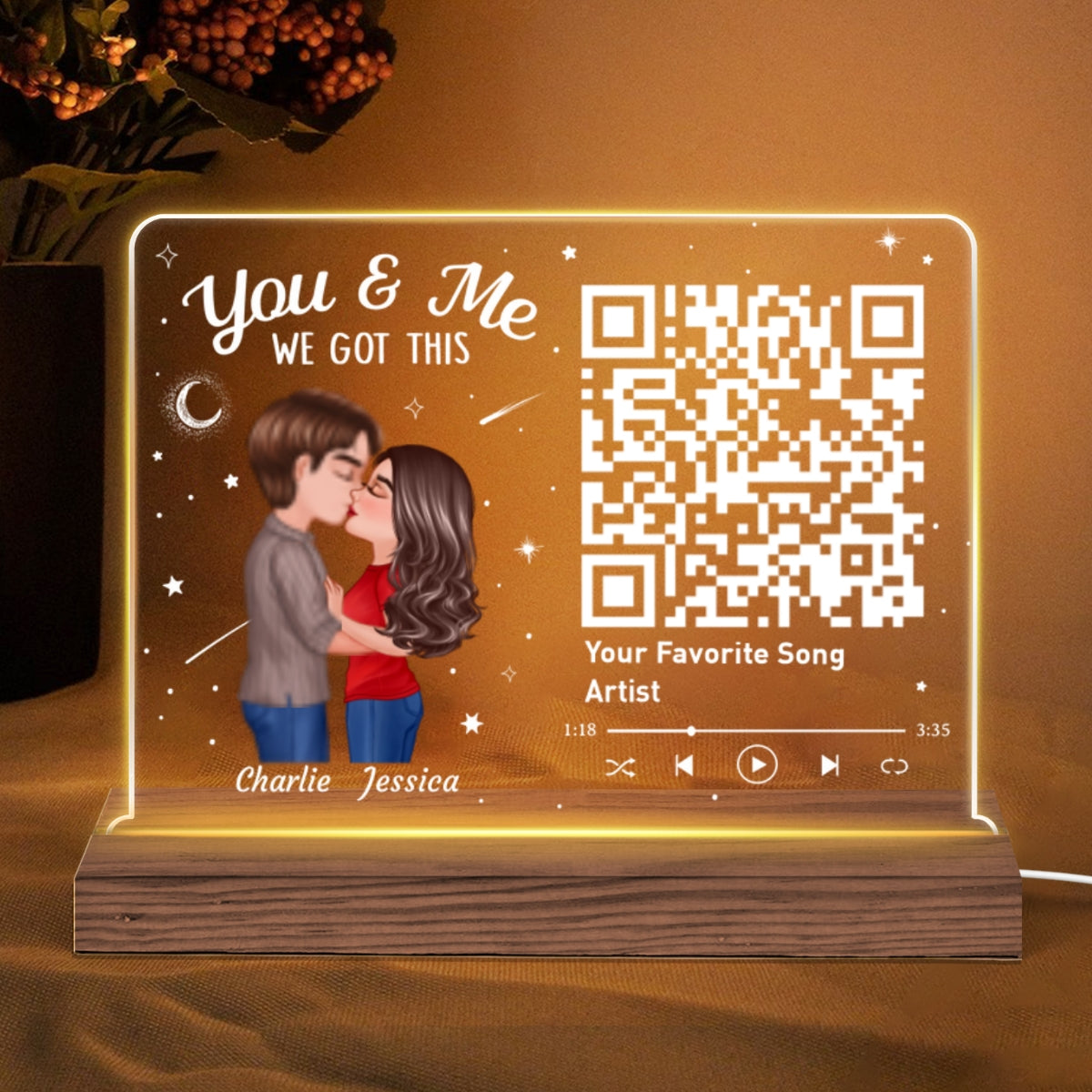 Couple Kissing Under Stars Sky Gift For Him For Her Personalized Custom Shape Acrylic Plaque Warm LED Night Light