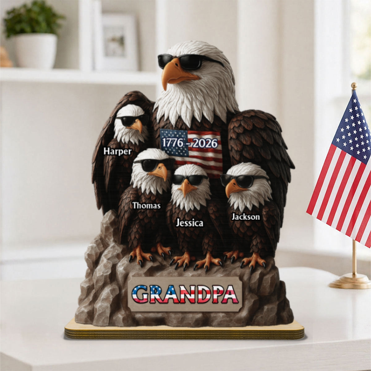 America 250th Anniversary Patriotic Eagle Grandpa Dad & Kids - Personalized 2-Layered Wooden Plaque - Father's Day Gift, 250th Anniversary Gift, Keepsake For Grandpa, Dad