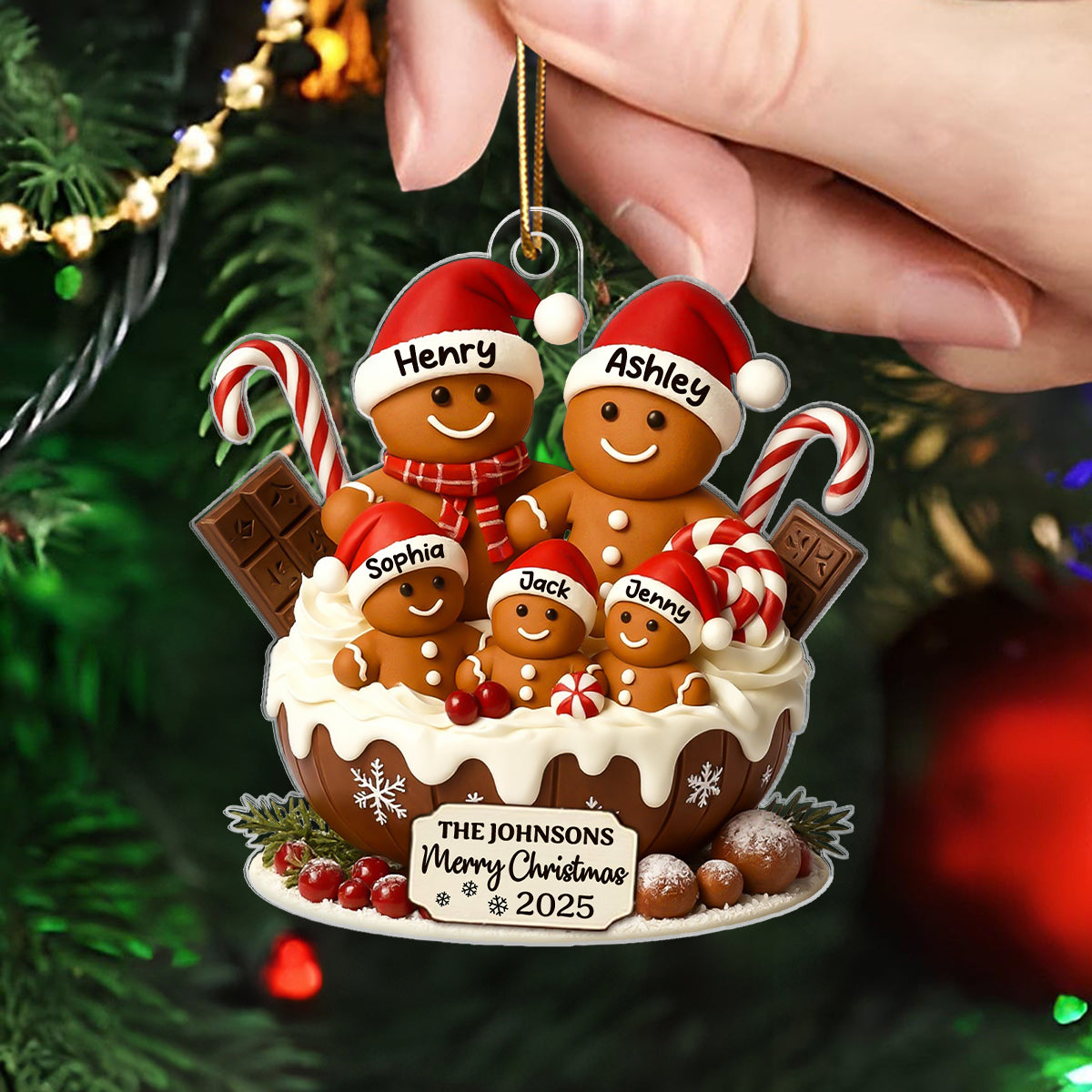 Gingerbread Family Holiday Delight Personalized Acrylic Ornament, Christmas Tree Decor, 2025 Family Ornament