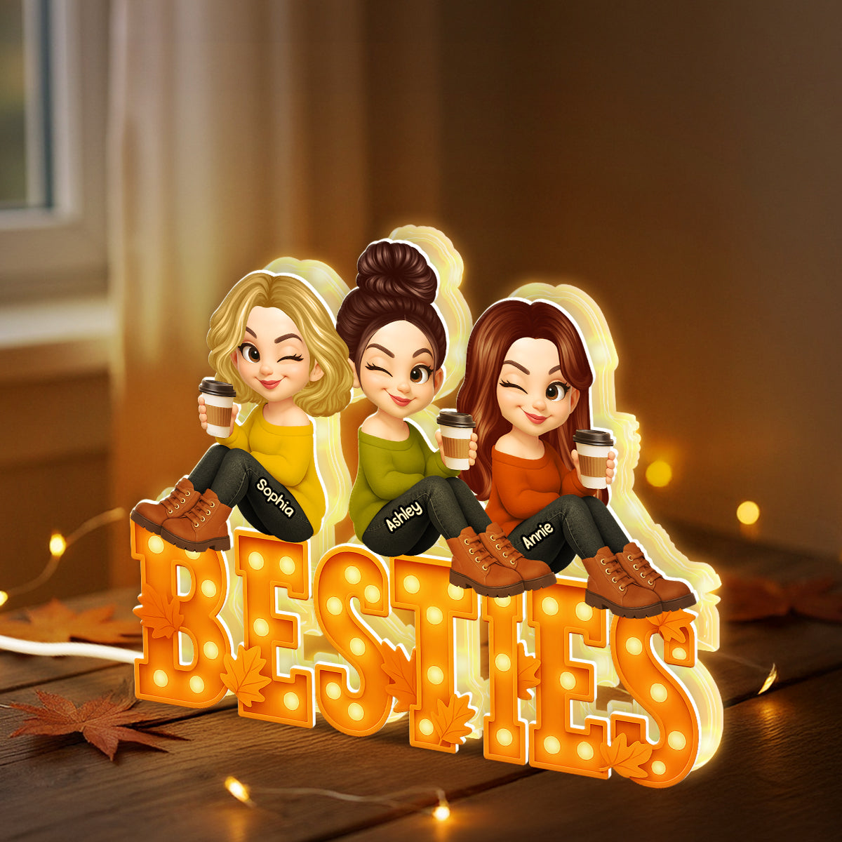 Fall Season Besties Sitting Marquee Pattern Texture Letters Personalized LED Light Box