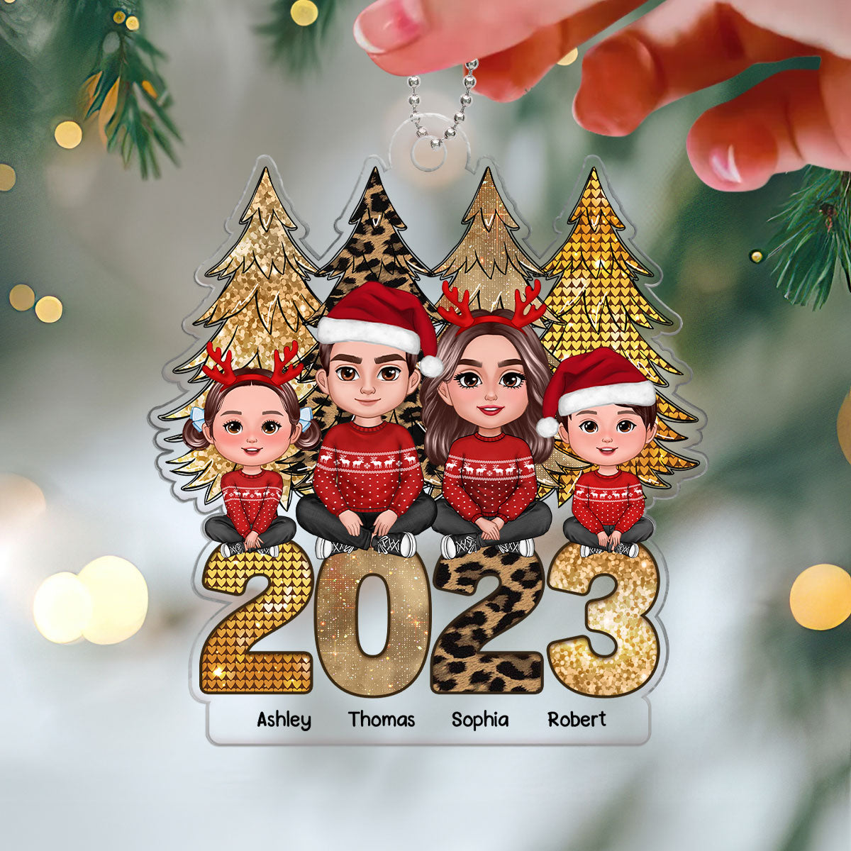 Family Sitting Gold Leopard Sparking Christmas Tree Personalized Acrylic Ornament