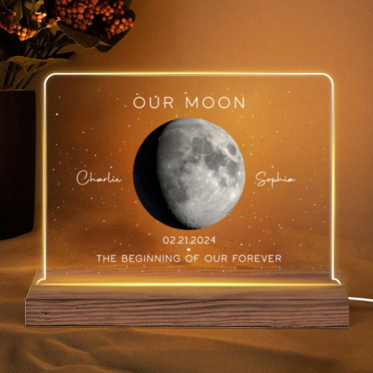 Our Moon Couple Gift Moon Phase Art Anniversary Gift For Him Gift For Her Personalized Acrylic Plaque With LED Night Light
