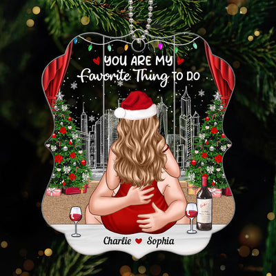 Christmas Bliss Couple Kissing Romantic Cityscape Personalized Acrylic Ornament