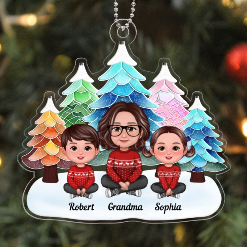 Watercolor Mosaic Christmas Trees Grandma & Grandkids Personalized Acrylic Ornament