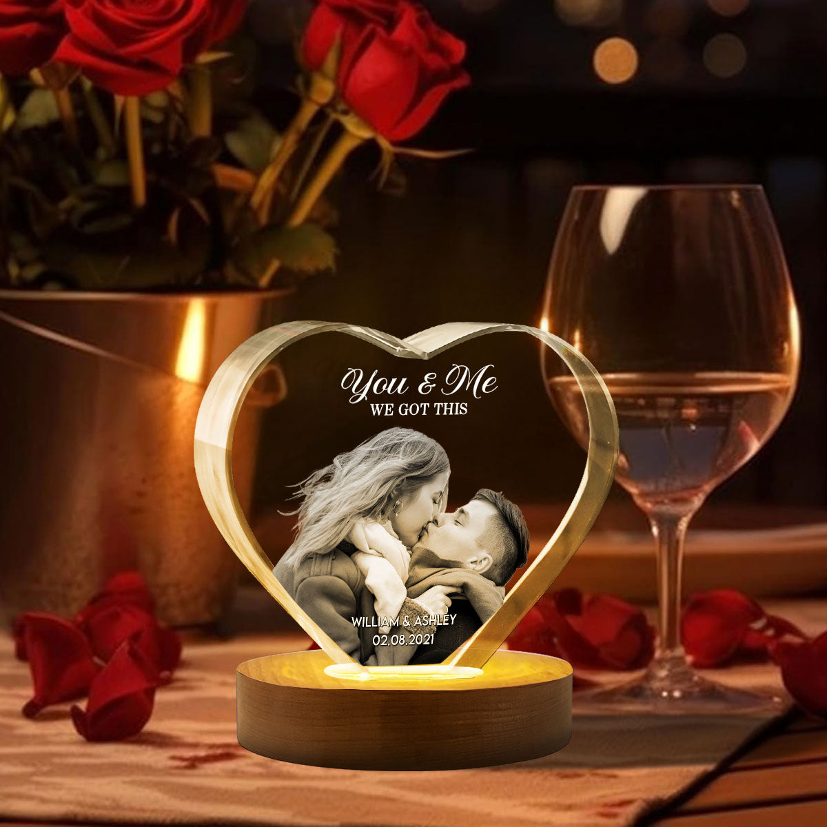 Couple 3D Upload Photo Premium Crystal Heart LED, Personalized Heart Crystal With LED Base Optional, Perfect Valentine's Gift For Couple, For Him, For Her, Free Delivery