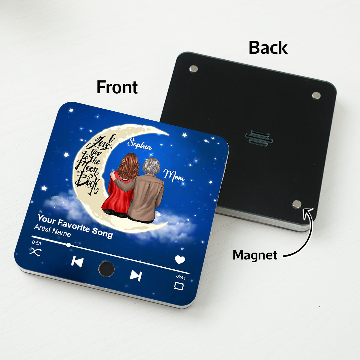 Mom & Son Daughter Sitting I Love You To The Moon And Back Personalized Music Fridge Magnet