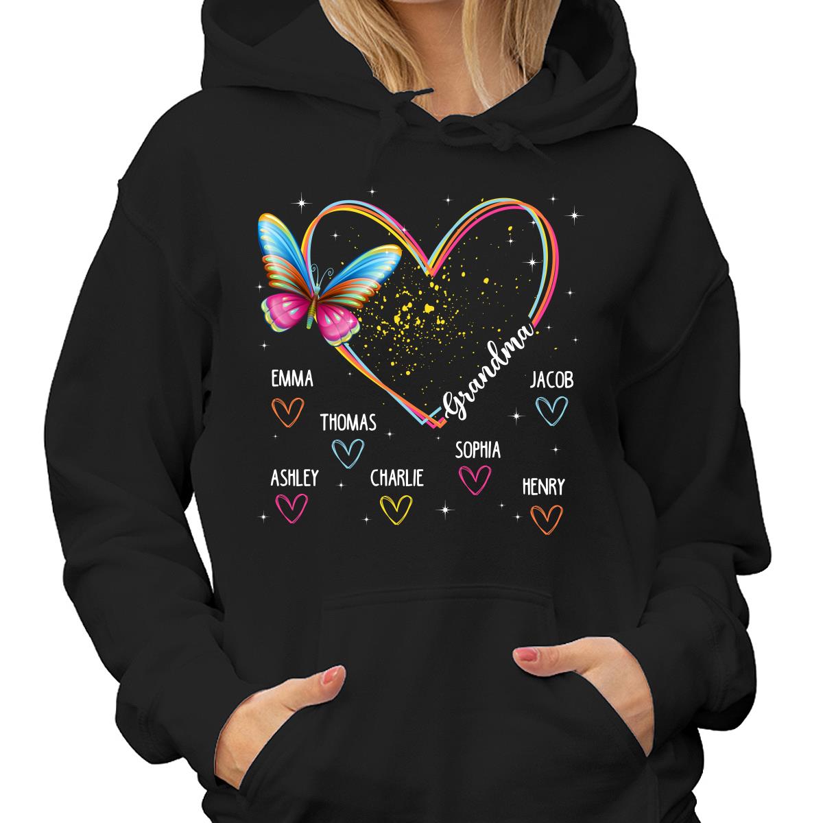 Grandma Mom Heart Lines Butterfly Personalized Shirt