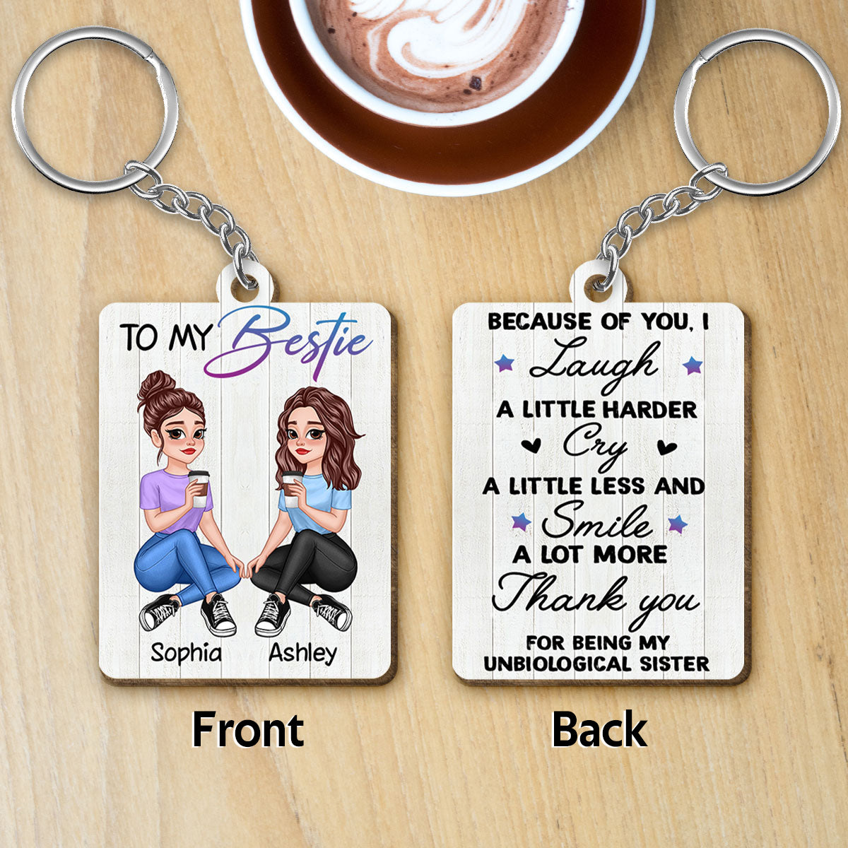 Pretty Cartoon Besties To My Bestie Personalized Wooden Keychain