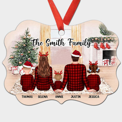 Checkered Pattern Pajamas Back View Family In House Personalized Christmas Ornament