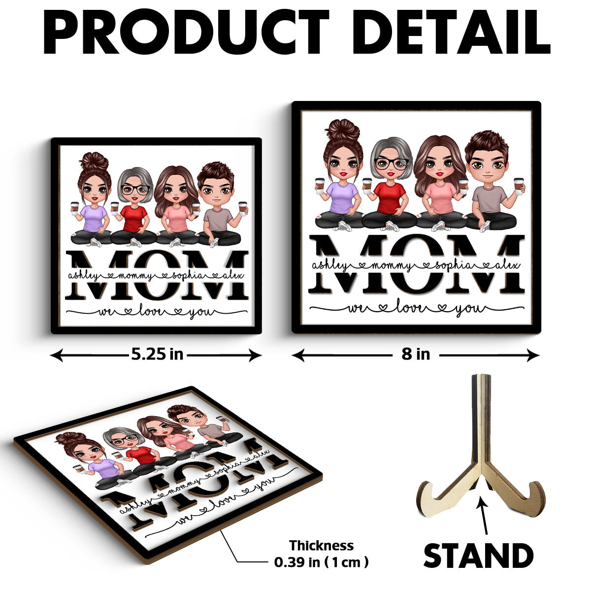 Mom We Love You Doll Sitting On Text Personalized 2-layer Wooden Plaque, Gift For Mom