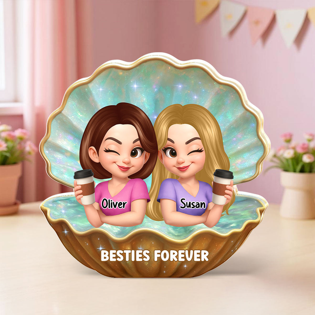 Besties Sisters Inside Seashell Pearl Personalized Acrylic Block