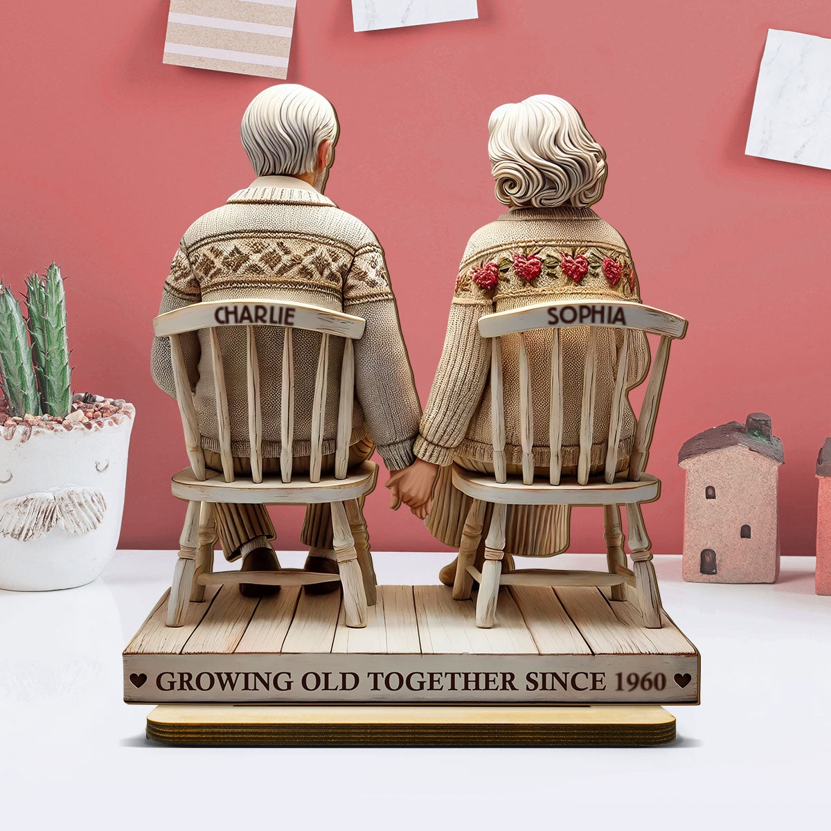 3D Effect Old Couple Holding Hands Sitting Together Personalized Standing Wooden Plaque, Heartfelt Anniversary Gift,  Gift For Couple, For Him, For Her, Husband, Wife