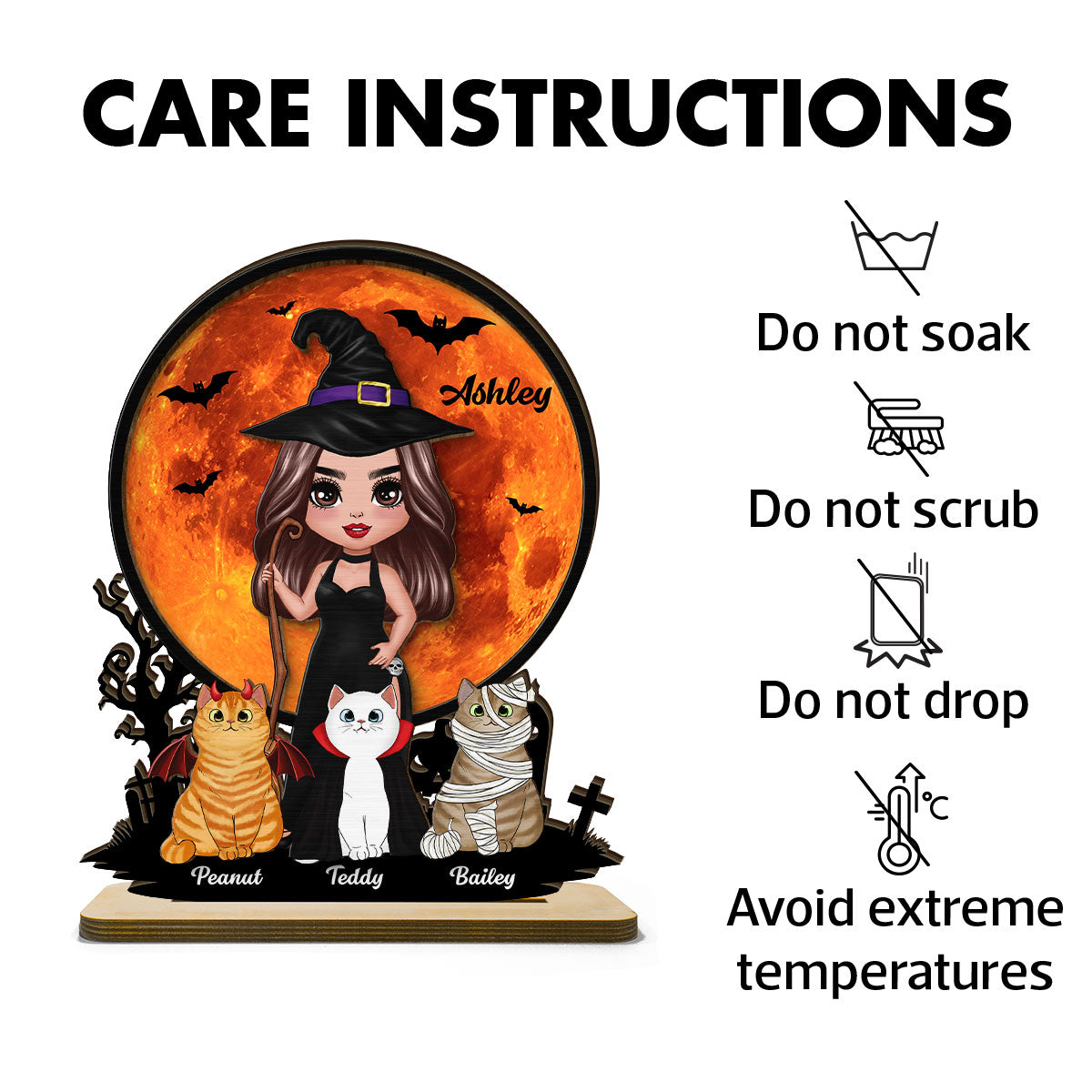 Witch Cat Mom Under Halloween Moon Tabletop Tier Tray Decor Personalized 2-Layer Standing Wooden Plaque