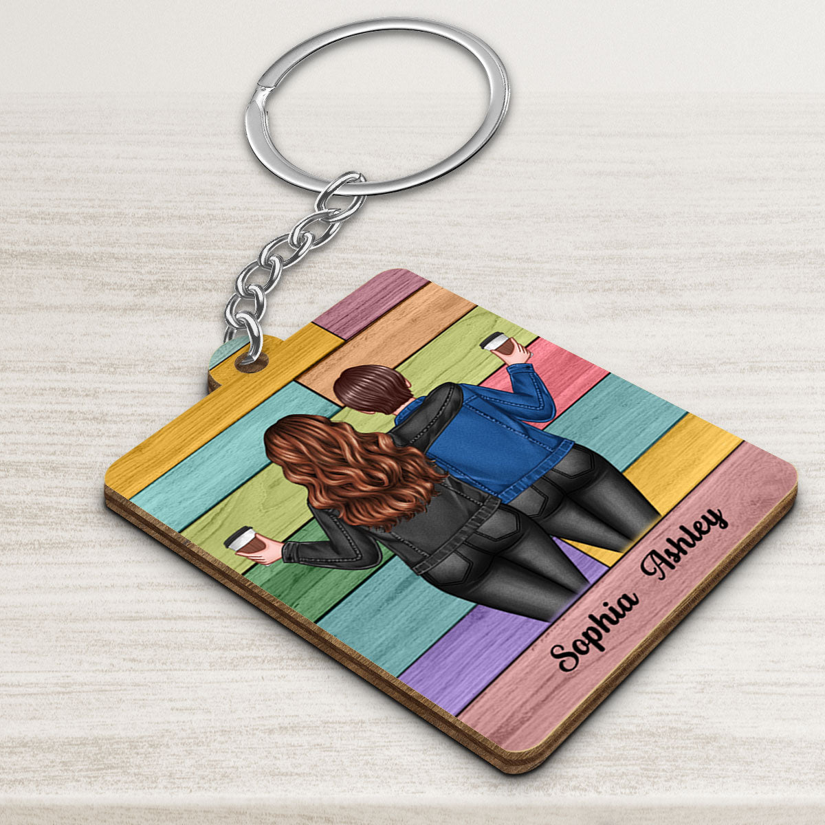Colorful Palette Back View Besties Gift For Best Friends Personalized Wooden Keychain