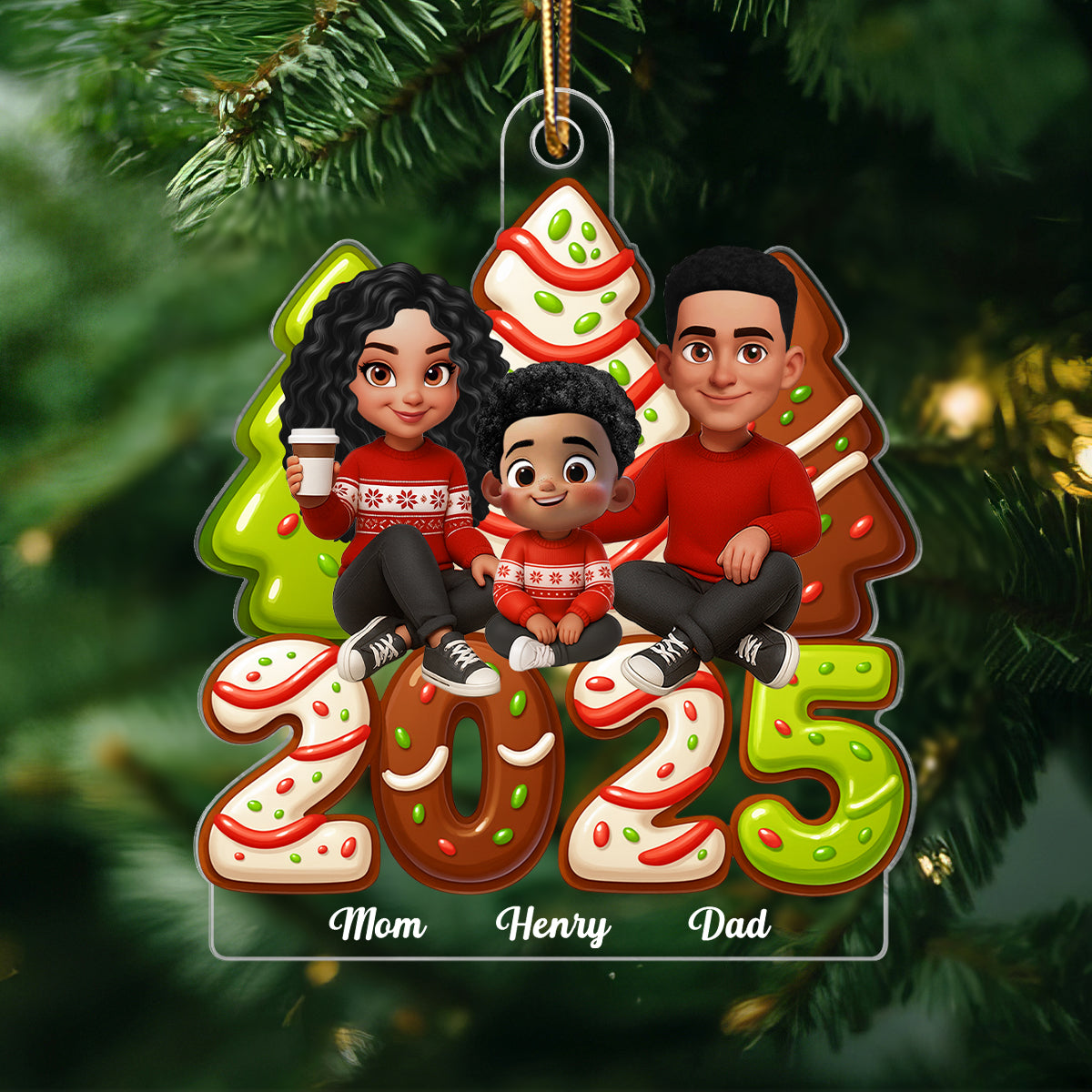 Christmas Tree Cake Family Sitting 2025 Personalized Acrylic Ornament, Christmas Decor for Family